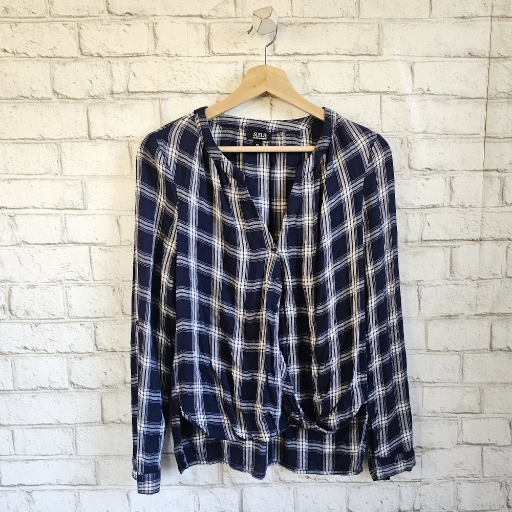 ☆ A.N.A. Navy Plaid Wrap Front Top, XS